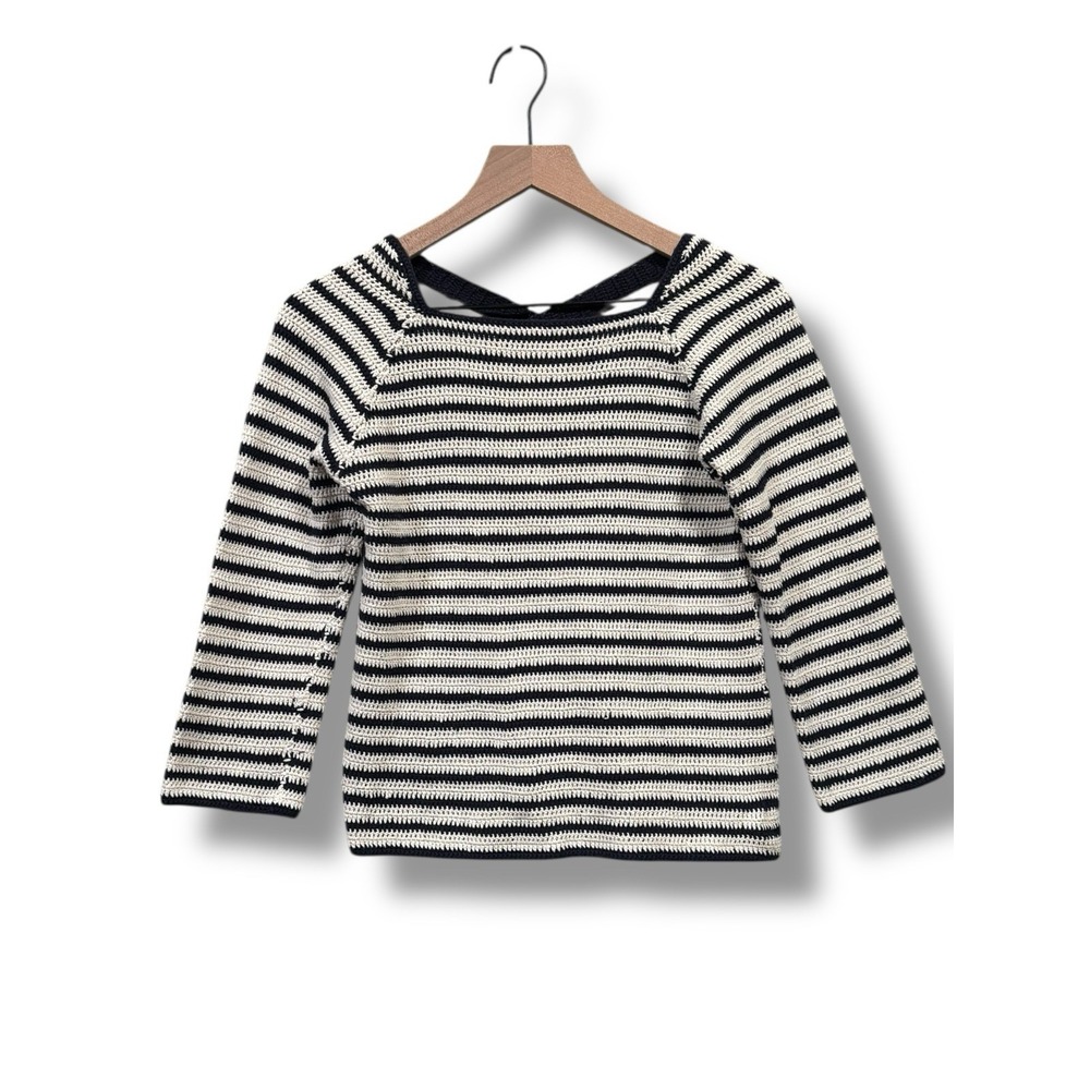 Anthropologie Lauren Moffatt XS Navy White Stripe Knit Sweater Cross Back Breton